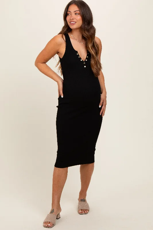 Maternity dress for a coastal vacation Black Ribbed Fitted Sleeveless Snap Button Maternity Dress Maternity dress for a coastal vacation Black Ribbed Fitted Sleeveless Snap Button Maternity Dress