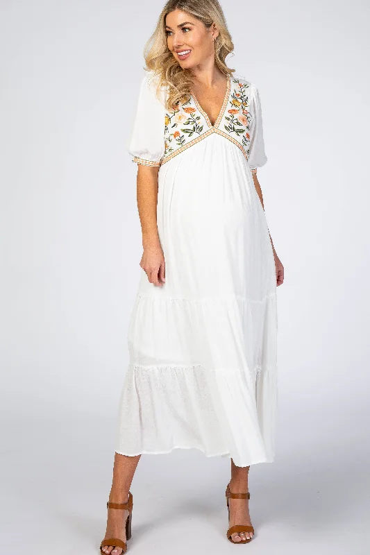 Maternity dress for a baby's first visit to the meditation garden Ivory Floral Embroidered Maternity Midi Dress Maternity dress for a baby's first visit to the meditation garden Ivory Floral Embroidered Maternity Midi Dress