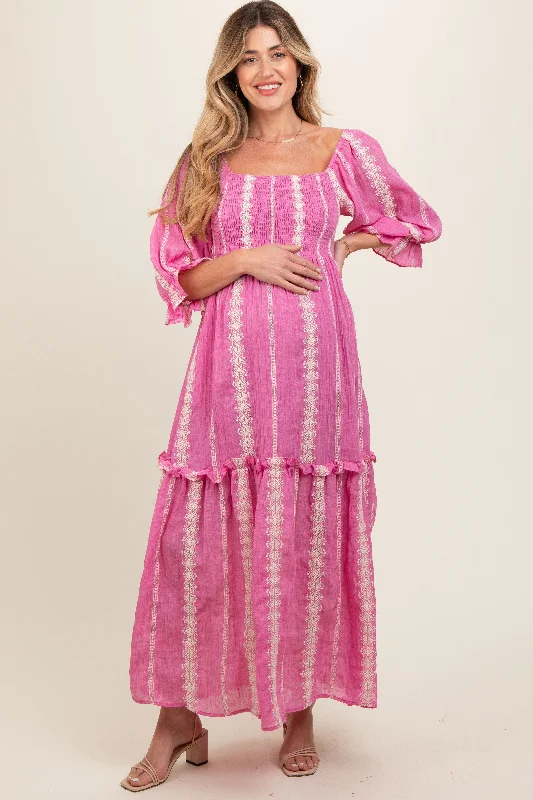 Maternity dress for a baby's first visit to the orchard Pink Embroidered Detail Smocked Top Maternity Maxi Dress Maternity dress for a baby's first visit to the orchard Pink Embroidered Detail Smocked Top Maternity Maxi Dress