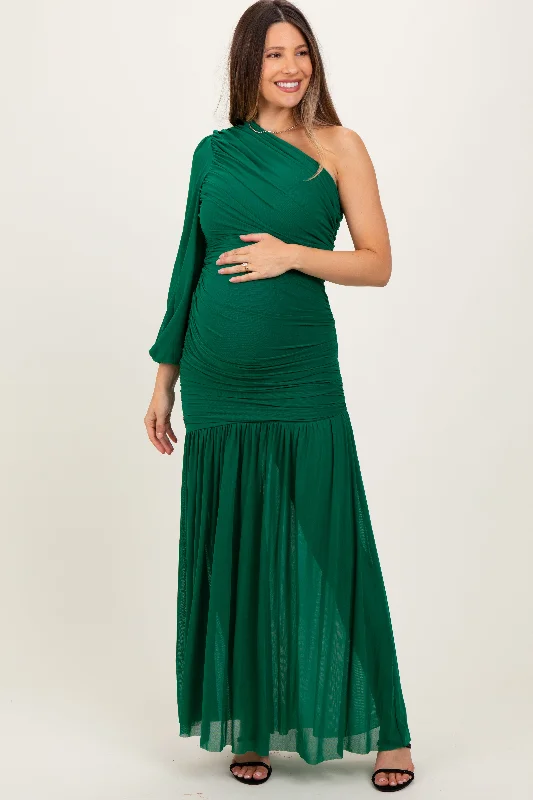 Maternity dress for a baby's first visit to the informal garden Forest Green Ruched Mesh One Shoulder Asymmetric Maternity Maxi Dress Maternity dress for a baby's first visit to the informal garden Forest Green Ruched Mesh One Shoulder Asymmetric Maternity Maxi Dress