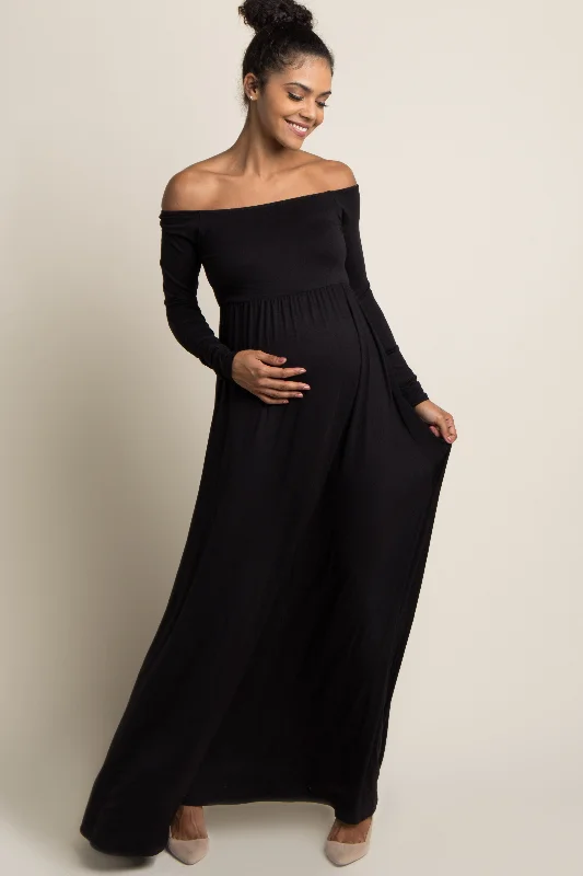 Maternity dress for a baby's first visit to the opera PinkBlush Petite Black Solid Off Shoulder Maternity Maxi Dress Maternity dress for a baby's first visit to the opera PinkBlush Petite Black Solid Off Shoulder Maternity Maxi Dress