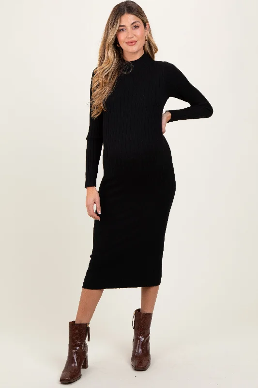 Maternity dress for a fall harvest festival Black Mock Neck Ribbed Maternity Sweater Dress