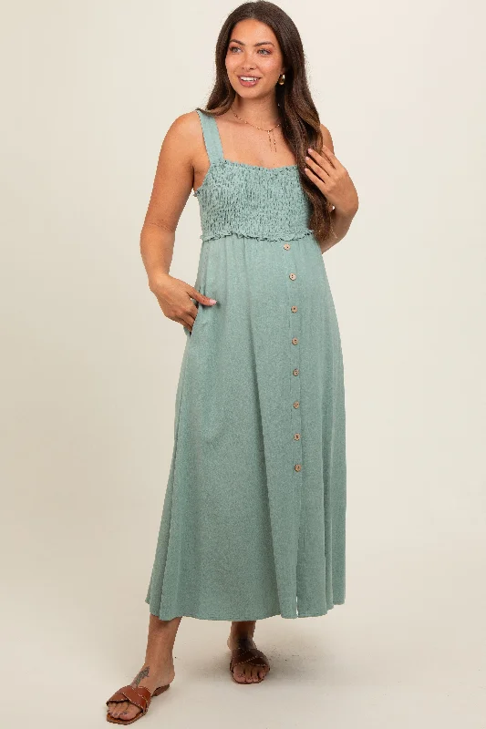 Maternity denim dress for a casual vibe Light Olive Button Down Smocked Maternity Dress Maternity denim dress for a casual vibe Light Olive Button Down Smocked Maternity Dress