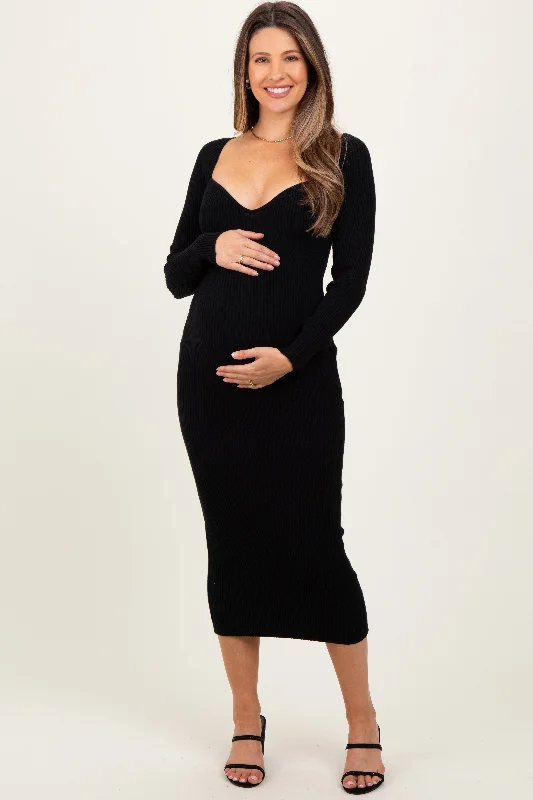 A - line maternity dress for a flattering fit Black Deep V-Neck Maternity Midi Sweater Dress