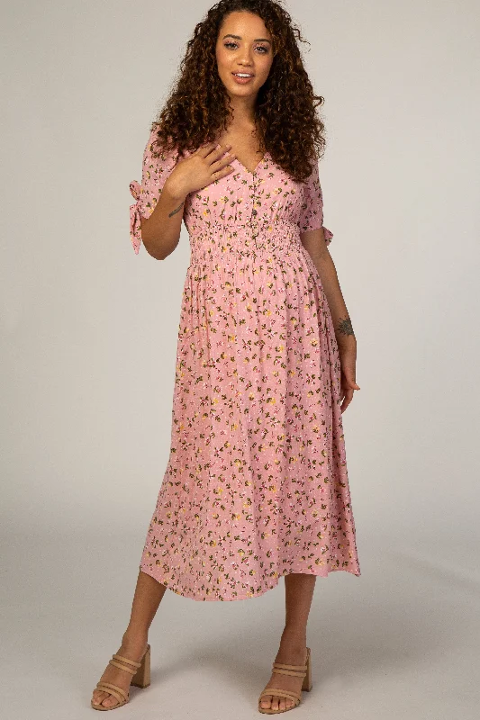 Maternity dress for a baby's first visit to the puppet show Pink Floral Tie Sleeve Maternity Midi Dress Maternity dress for a baby's first visit to the puppet show Pink Floral Tie Sleeve Maternity Midi Dress