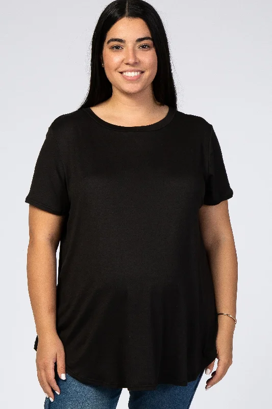 Long sleeve maternity maxi dress for winter Black Round Hem Short Sleeve Maternity Plus Top