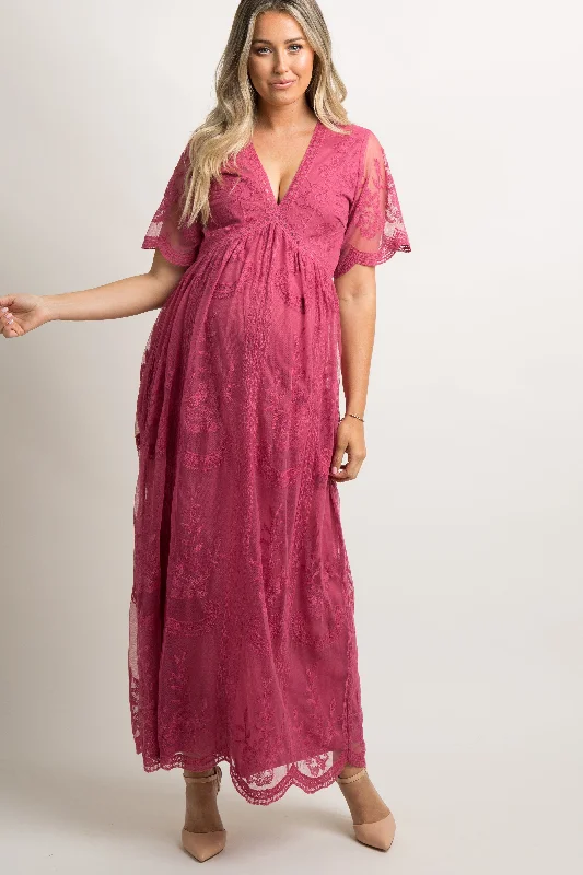 Nursing friendly maternity dress for breastfeeding PinkBlush Magenta Lace Mesh Overlay Maternity Maxi Dress Nursing friendly maternity dress for breastfeeding PinkBlush Magenta Lace Mesh Overlay Maternity Maxi Dress