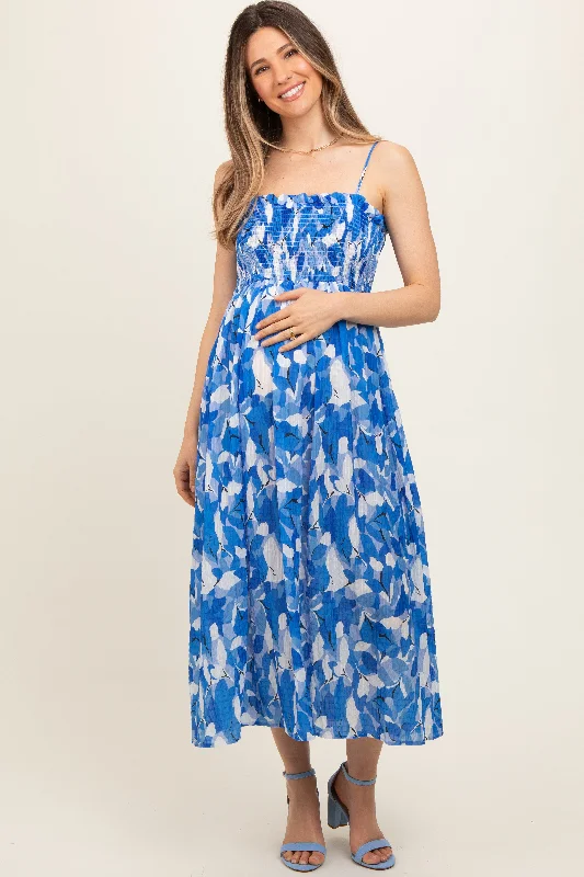 Maternity dress for a baby's first visit to the rock garden Royal Blue Abstract Floral Smocked Maternity Midi Dress Maternity dress for a baby's first visit to the rock garden Royal Blue Abstract Floral Smocked Maternity Midi Dress