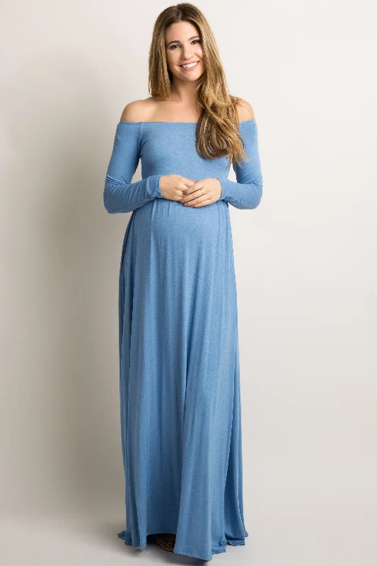 Maternity dress for a baby's first visit to the rooftop garden PinkBlush Petite Blue Solid Off Shoulder Maternity Maxi Dress Maternity dress for a baby's first visit to the rooftop garden PinkBlush Petite Blue Solid Off Shoulder Maternity Maxi Dress