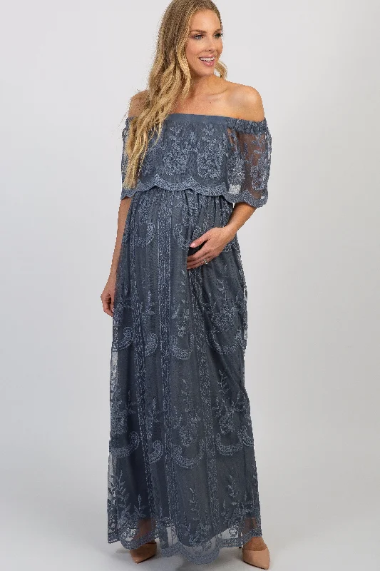 Maternity dress for a baby's first visit to the winery Blue Lace Mesh Overlay Off Shoulder Maternity Maxi Dress Maternity dress for a baby's first visit to the winery Blue Lace Mesh Overlay Off Shoulder Maternity Maxi Dress