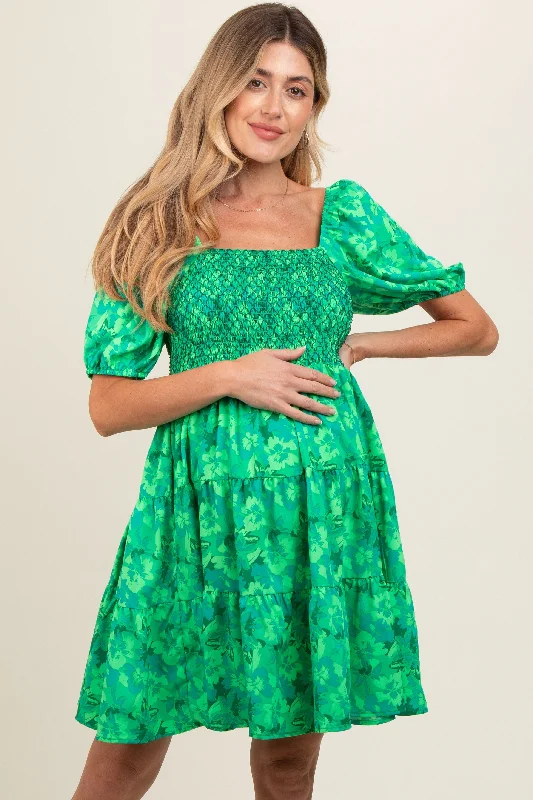 A - line maternity dress for a flattering fit Green Floral Smocked Tiered Maternity Dress A - line maternity dress for a flattering fit Green Floral Smocked Tiered Maternity Dress