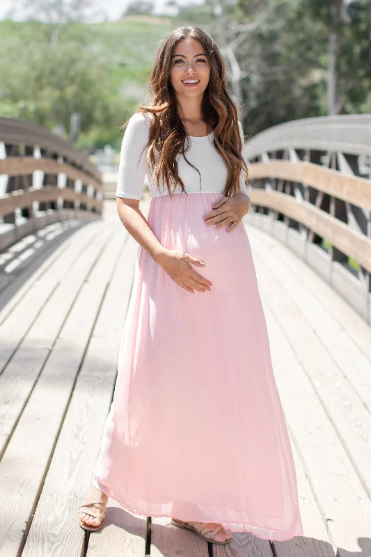 Maternity jersey dress for comfort PinkBlush Petite Light Pink Chiffon Colorblock Maternity Maxi Dress