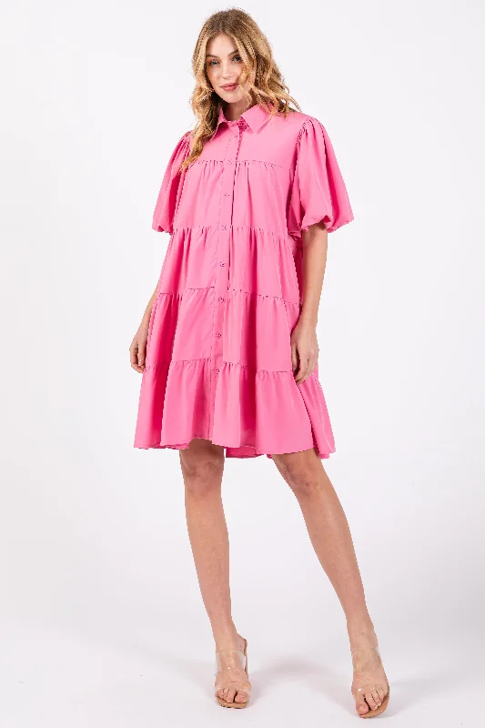 nursing bra for twins momsPink Puff Sleeve Mini Shirt Dress