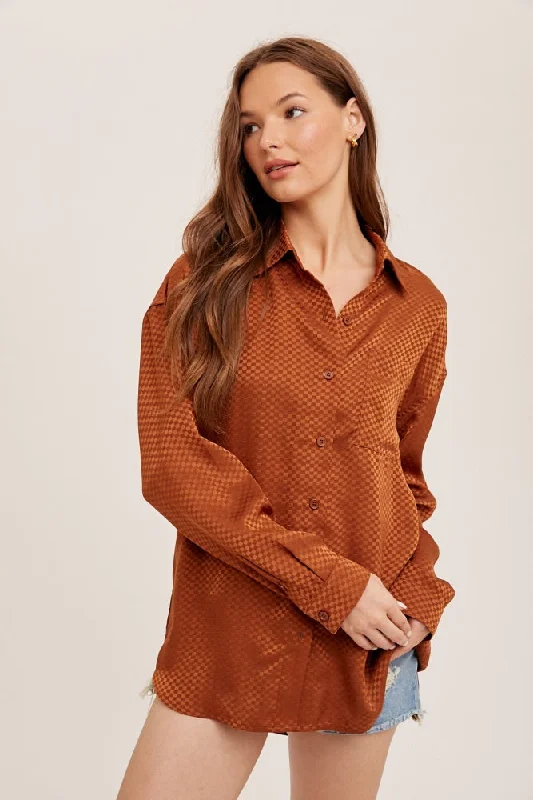 hands free convertible women nursing braRust Satin Checkered Print Blouse