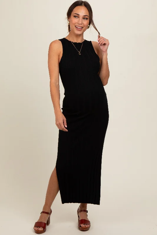 Sleeveless midi dresses with lace details for summer weddingsBlack Sleeveless Knit Side Slit Maternity Midi Dress