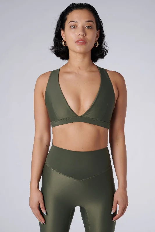 unpadded women sport bra for a natural feelLilly V 2.0 Push Up Sports Bra | Recycled Nylon | Olive