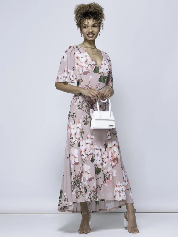 Maxi dresses with balloon sleeves for a vintage - inspired styleMabilla Floral Print Mesh Maxi Dress, Dusty Pink