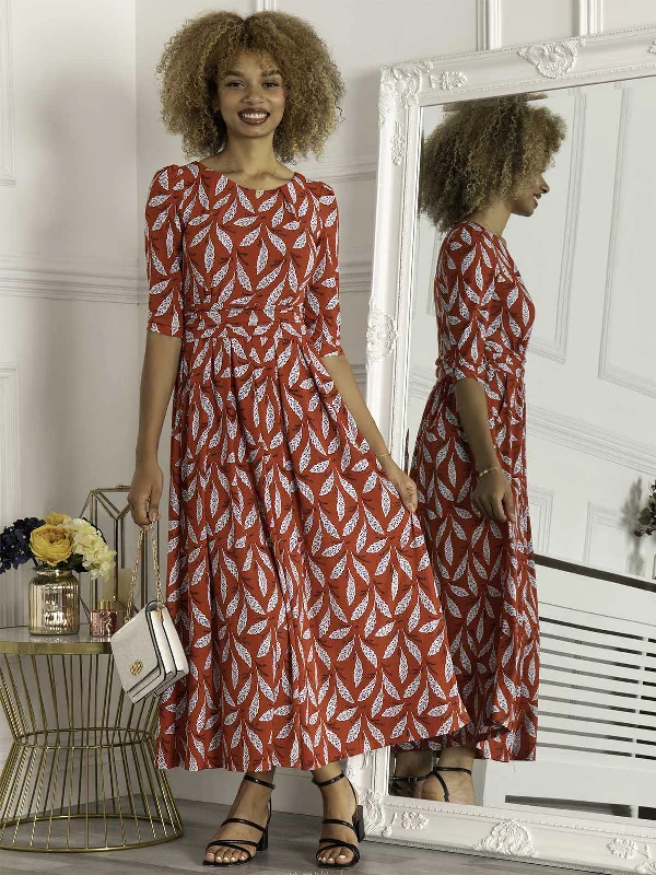 Maxi dresses with a cinched waist for a defined silhouetteSienna 3/4 Sleeve Maxi Dress, Red Leafy