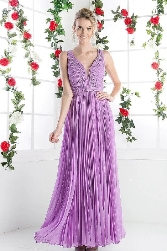 Sleeveless wedding guest dresses with pleated bodicesLadivine 1499 - Sleeveless V-Neck A-Line Dress
