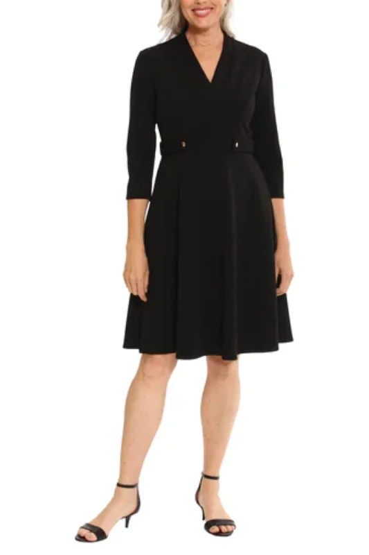 Midi wedding guest dresses in navy blue for a formal affairLondon Times T7099M - V-Neck Knee-Length Formal Dress