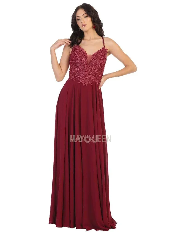 Prom dresses with tiered ruffled sleeves and satin skirts for a feminine and voluminous lookMay Queen - MQ1750 Embroidered Plunging V-neck A-line Dress