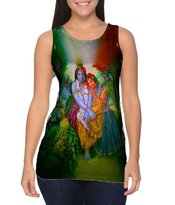 Plus Size Women's Side - Slit Tank Tops in Metallic ShadesHindu God - "Radha Krishna In The Garden"